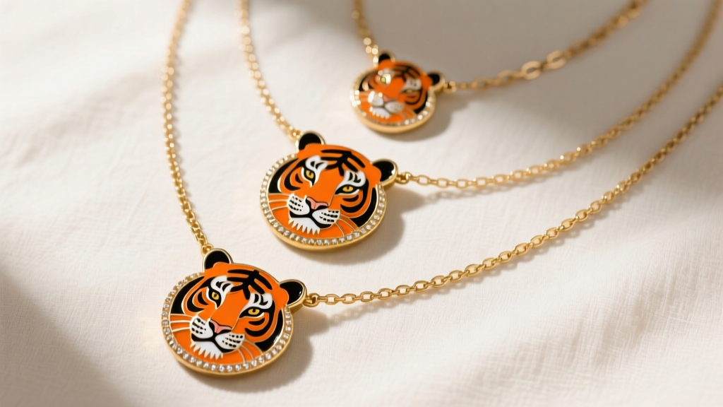 Overhead flat lay of three different Bengals-themed necklaces layered together, featuring varying chain lengths and orange enamel