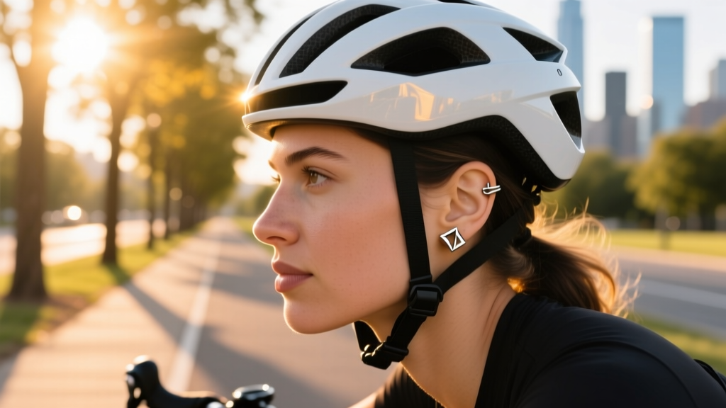 Cyclist in a black helmet showing a secure flat-back titanium bicycle ear cuff on her upper cartilage piercing in bright sunlight.