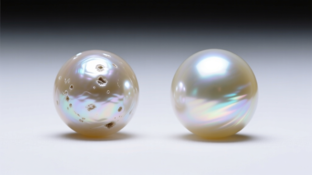 Macro comparison of a blemished freshwater pearl and a flawless Hanadama Akoya pearl, highlighting differences in luster and nacre