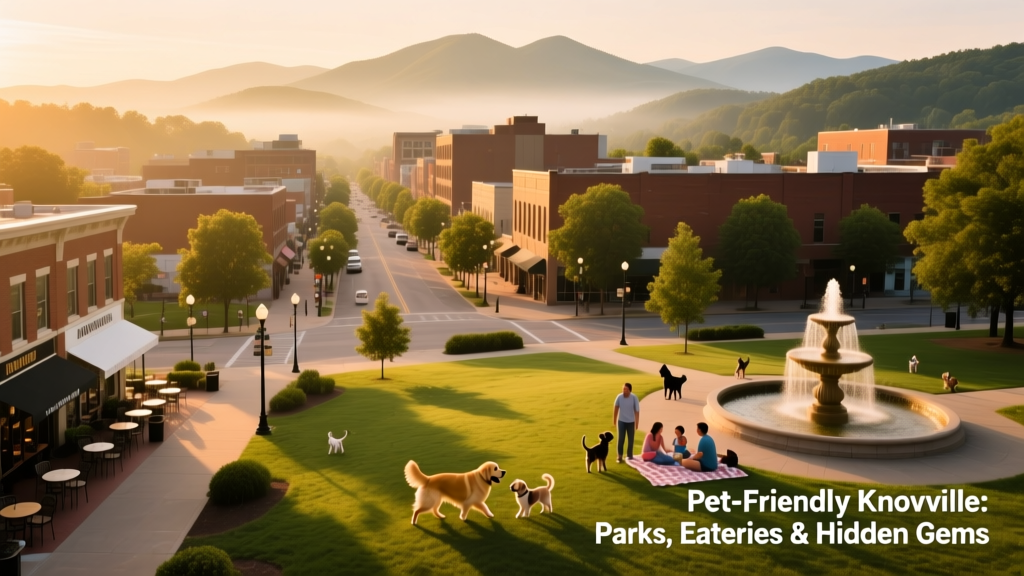 Aerial view of downtown Knoxville with the Smoky Mountains in the distance
