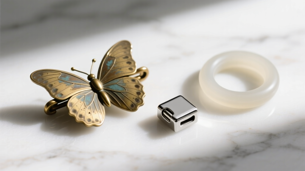 Macro view of a worn brass butterfly back, a platinum locking back, and a silicone O-ring resting on a clean white marble surface.