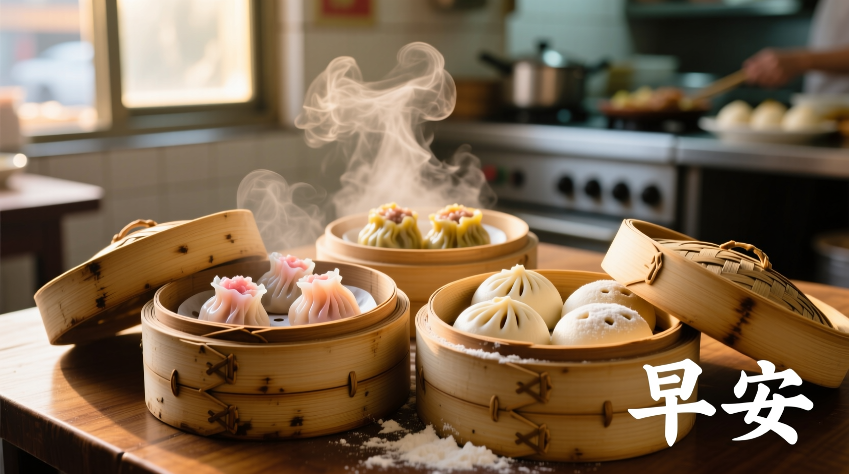 Traditional dim sum bamboo baskets with steaming dumplings and buns
