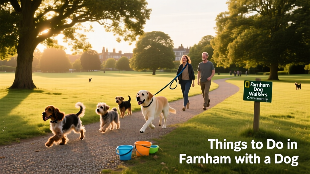 A wide view of Farnham Park with open grassy areas, mature trees, and a winding path—ideal for off-leash play and relaxed strolls with dogs