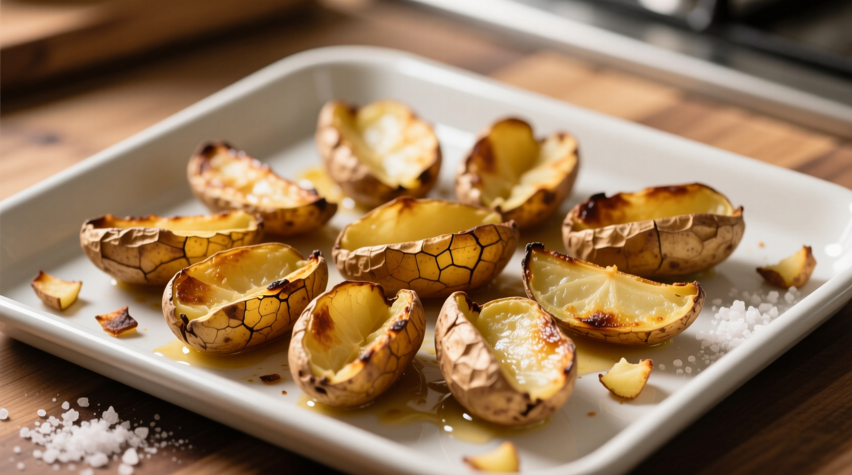 Crispy roasted potato skins on baking sheet