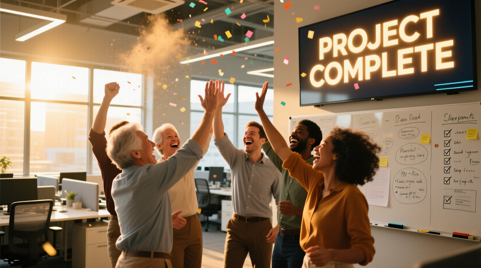 People celebrating successful project completion with high-fives