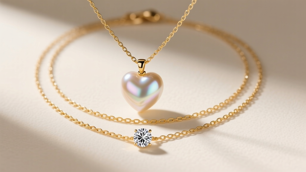 Flat lay of a layered necklace stack with a heart pearl pendant, a delicate gold paperclip chain, and a small diamond solitaire