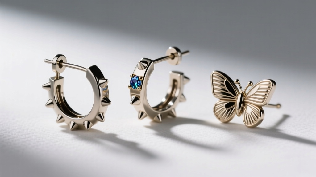 Macro flat lay of three studded hoop earring closures: a hinged snap, a seamless clicker, and a classic butterfly friction back