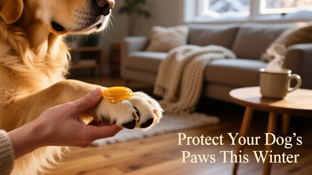 Close-up of a dog's paw being gently massaged with a natural paw balm