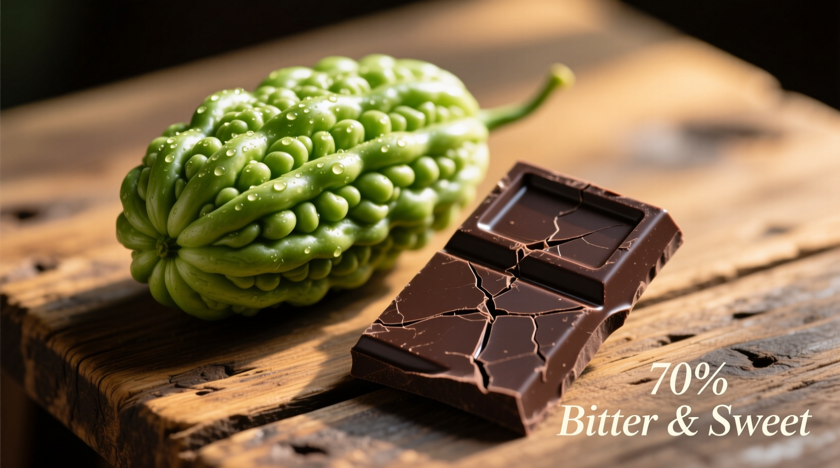 Close-up of bitter melon and dark chocolate