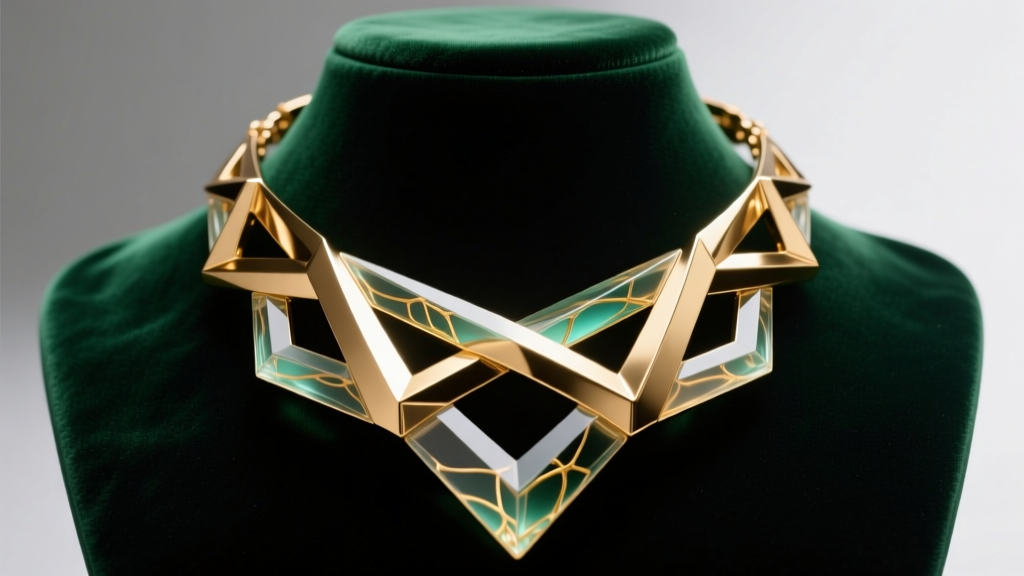 Close-up of a bold, oversized geometric brass and resin statement necklace resting on a dark velvet bust, studio lighting.