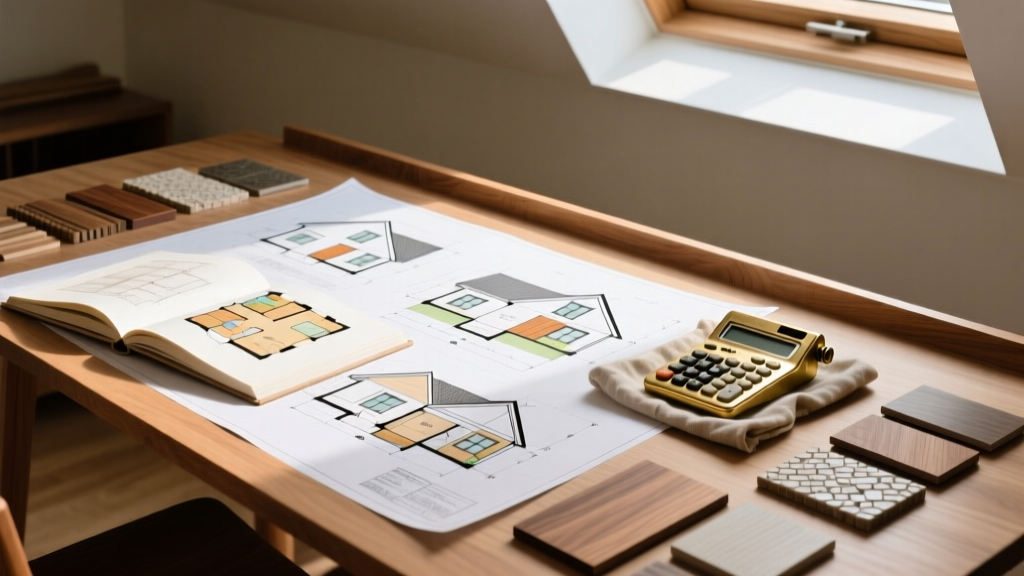 Architectural blueprints for a compact 1600 square foot craftsman home spread across a drafting table with a calculator and material samples
