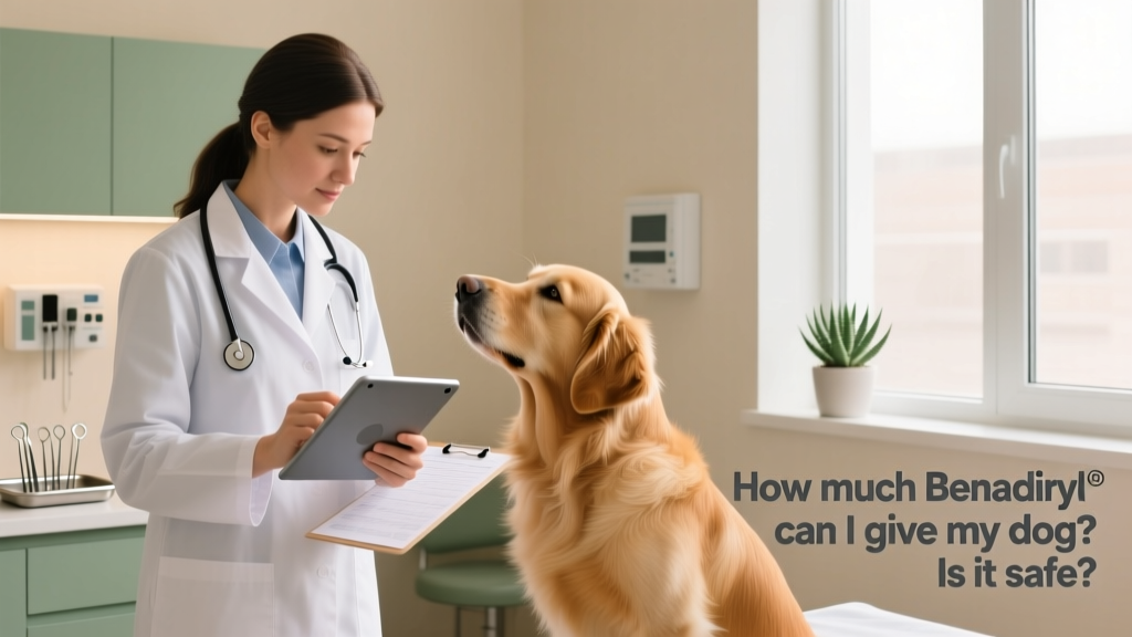 Veterinarian examining a dog while holding a tablet and reviewing a chart, with a clean clinic background