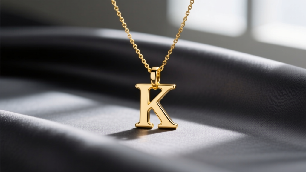 Close-up of a delicate 14k yellow gold necklace with a minimalist sans-serif K initial pendant resting on a silk fabric background