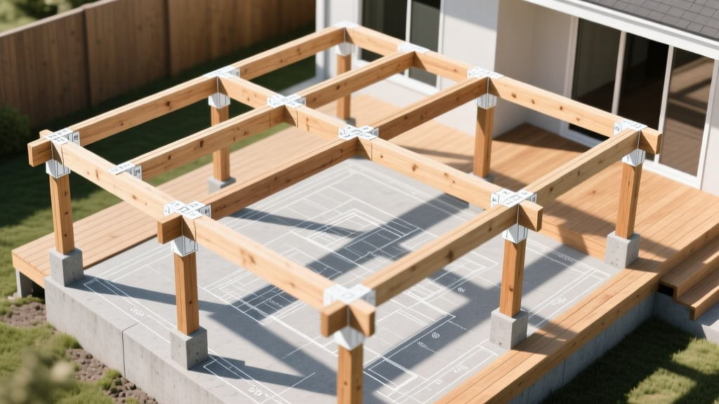 Overhead blueprint layout of a 16x16 wooden deck framing structure showing joist spacing, double beam placement, and concrete footing locations