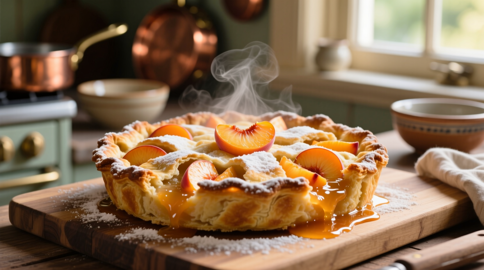 Golden peach cobbler with bubbling filling