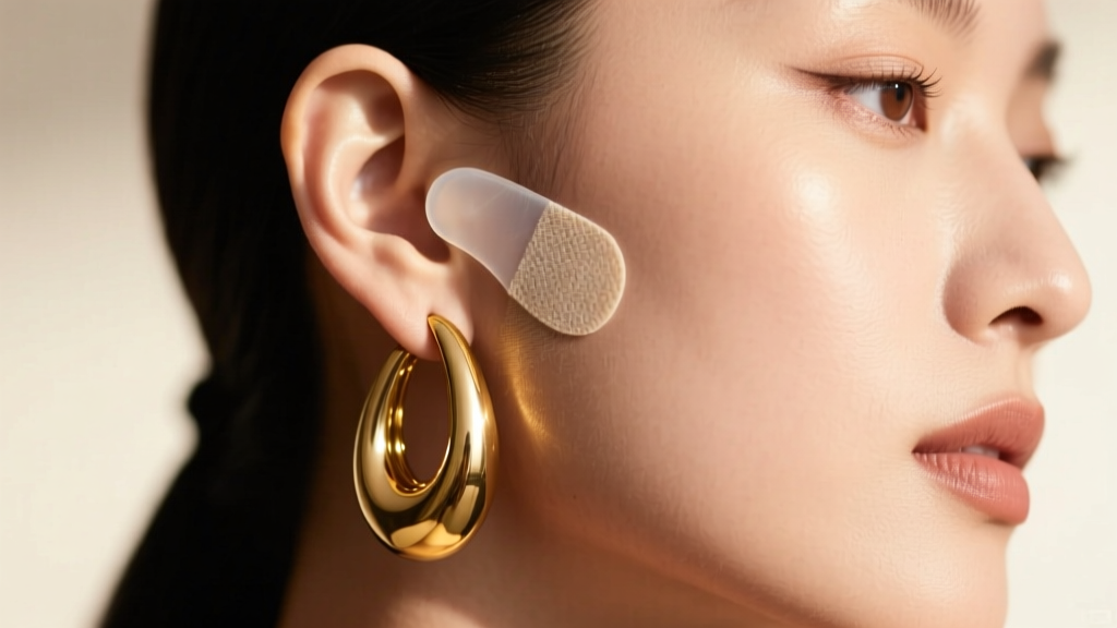 Earlobe showing a clear silicone earring support patch applied behind a heavy gold statement drop earring in soft, warm lighting