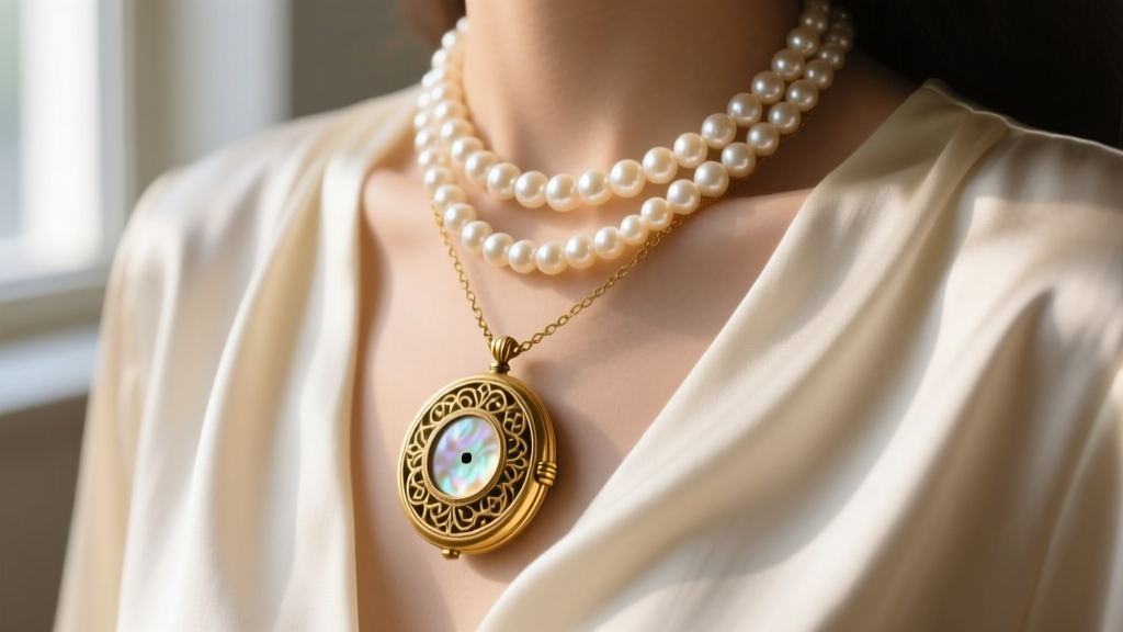 Close-up of layered vintage gold locket necklace and baroque pearl choker resting on silk blouse, soft natural window lighting.