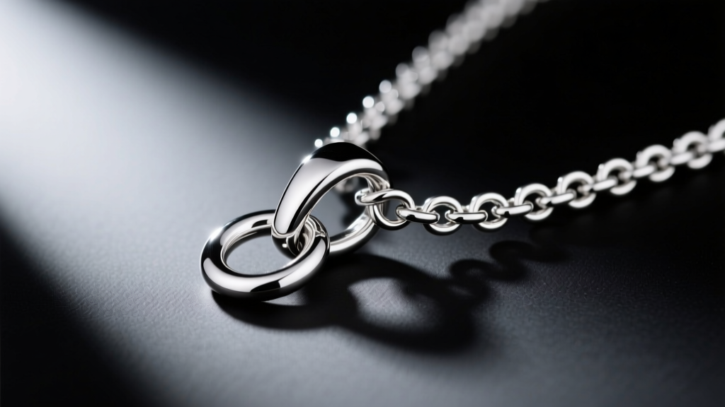 Close-up of a 925 sterling silver rolo chain attached to a pendant bail, showcasing the rhodium plating finish and heavy lobster clasp.