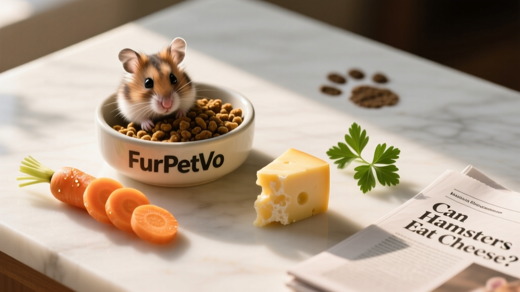 Bowl of FurPetVo hamster food alongside fresh veggies and a tiny cheese cube, arranged neatly on a clean surface