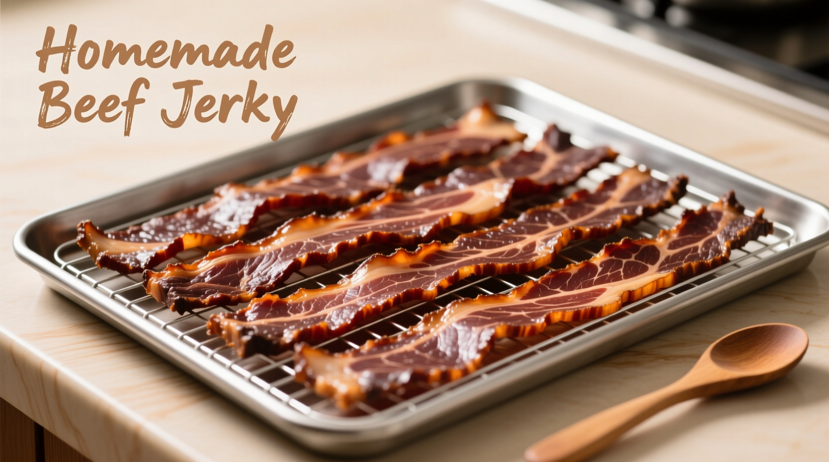Homemade beef jerky strips on dehydrator tray