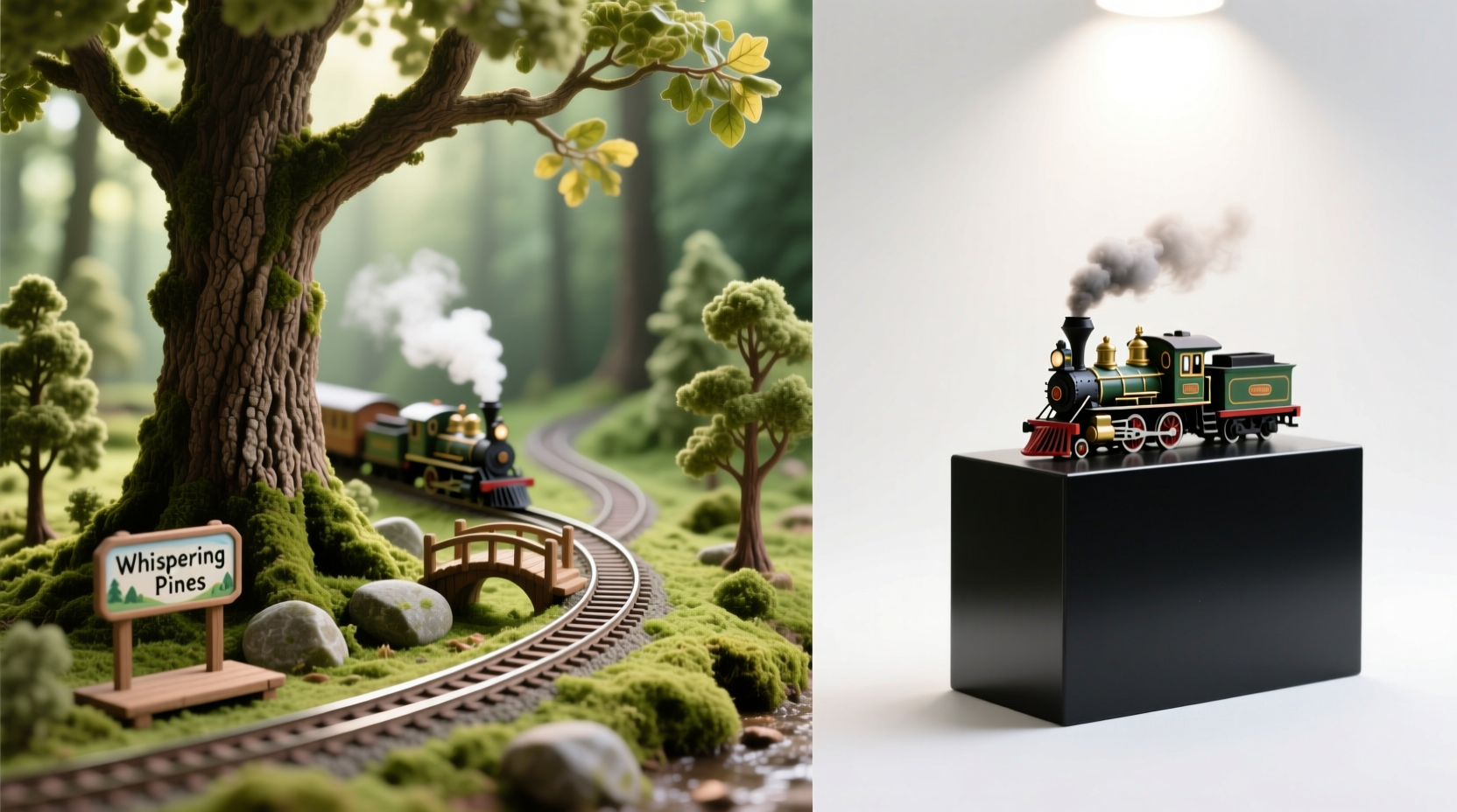 miniature train set under tree vs standalone display which impresses more