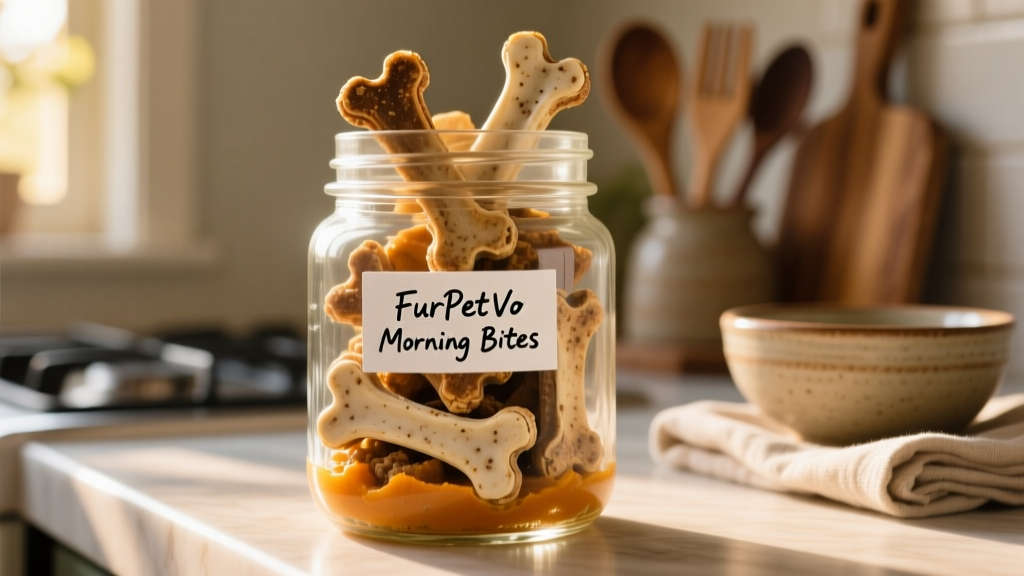 Glass jar filled with homemade breakfast bones, labeled 'FurPetVo Morning Bites'