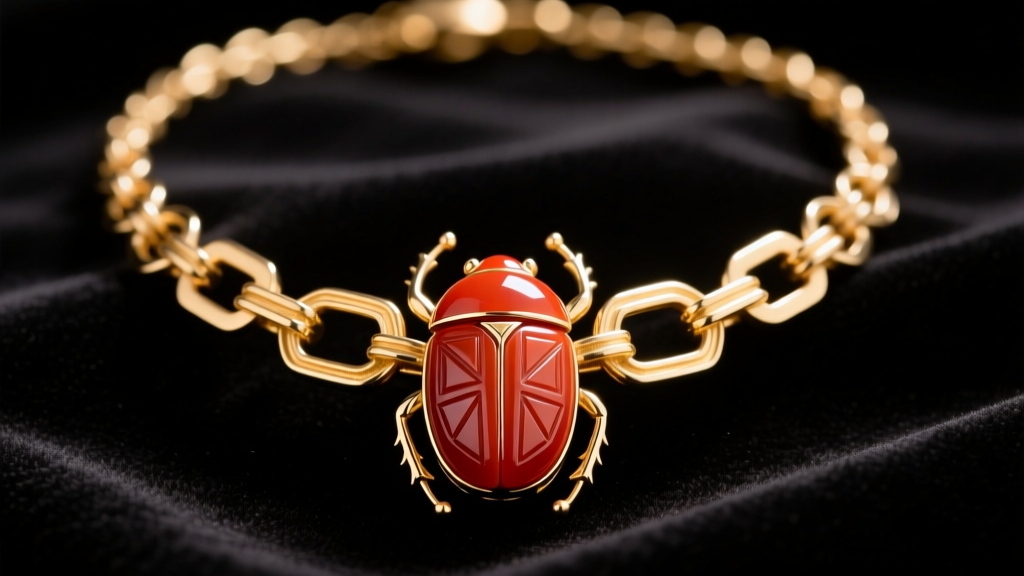 Close-up of an Art Deco vintage scarab necklace with carved carnelian and gold-filled links on dark velvet under soft warm light.