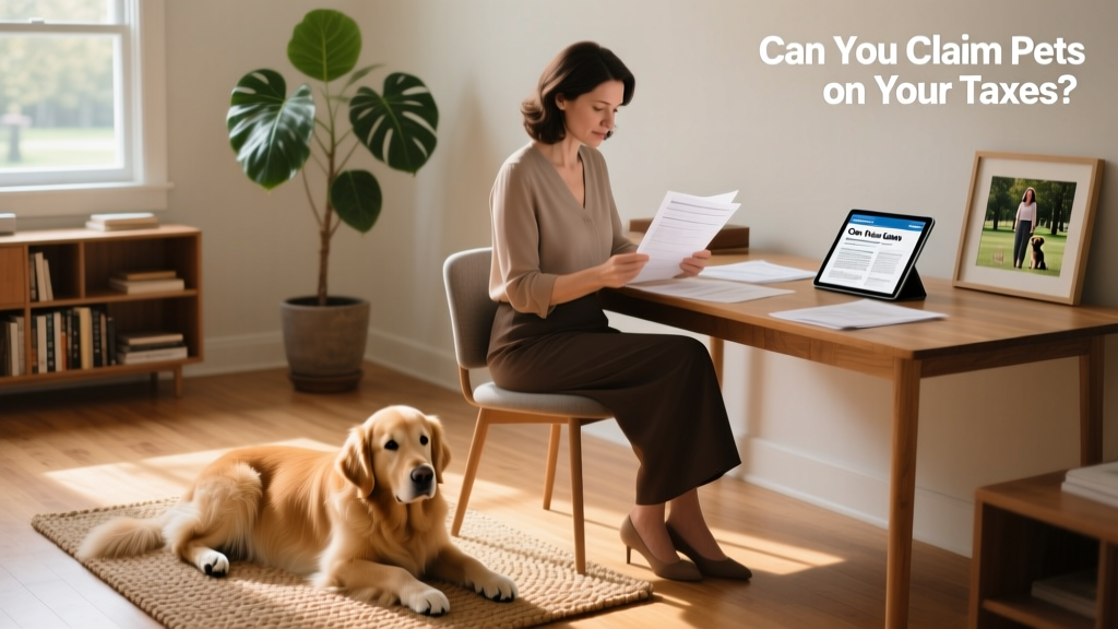 A person reviewing tax documents at a desk with a calm dog resting nearby