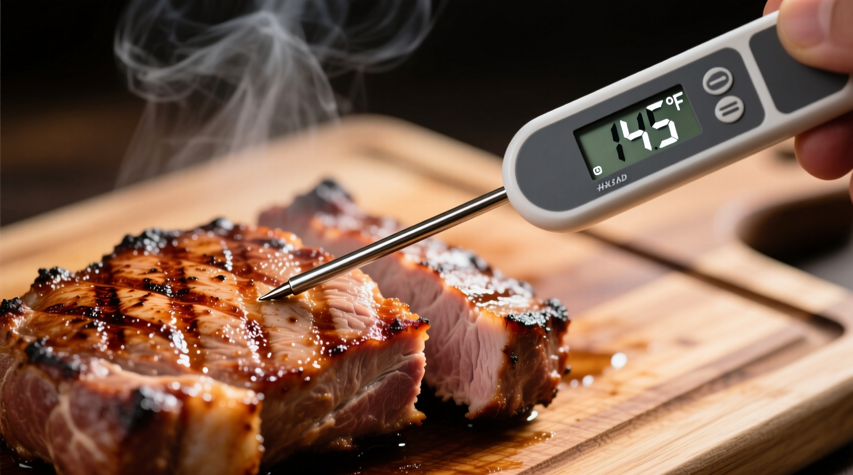 Thermometer measuring pork loin temperature
