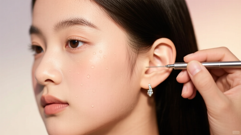 Young girl having her earlobe marked by a piercer, bright lighting, warm tones, soft focus background, sharp macro details