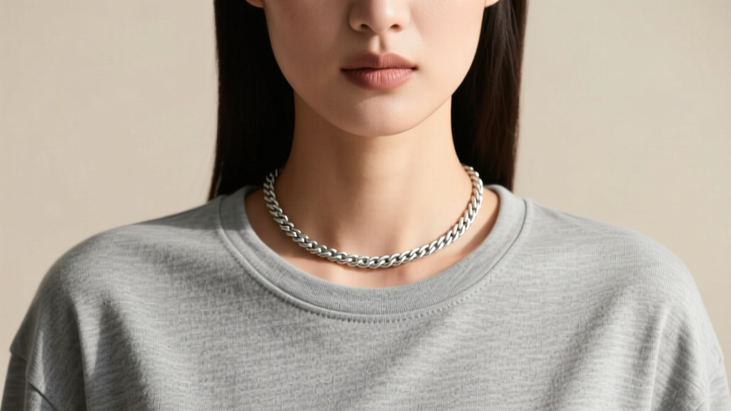 Model in a grey cotton crew neck shirt wearing a 2mm sterling silver rope chain resting just below the collarbone in soft daylight