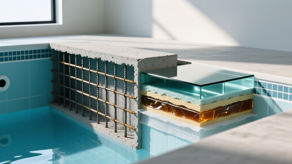 Cross-section diagram showing steel rebar grid inside a shotcrete pool shell next to a layered fiberglass pool wall with gelcoat surface