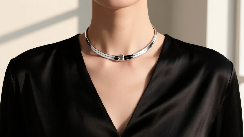 4mm silver omega choker necklace on a collarbone, paired with a black silk V-neck blouse under soft, warm natural window lighting.