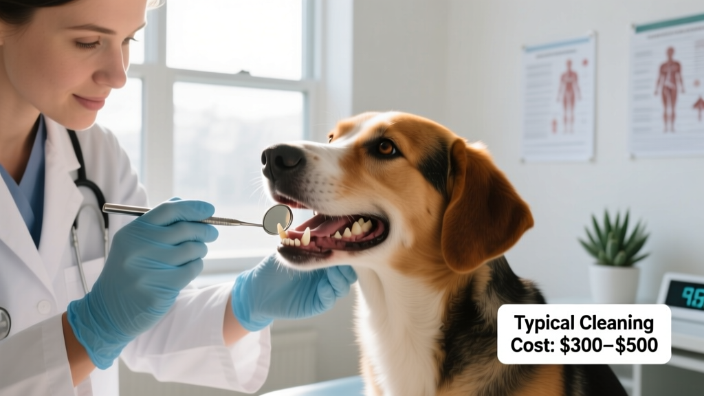 Close-up of a veterinarian gently examining a calm dog's teeth during a routine checkup