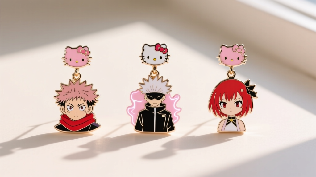 Flat lay of three Jujutsu Kaisen x Hello Kitty drop earrings showing Itadori, Megumi, and Nobara motifs with pastel pink accents