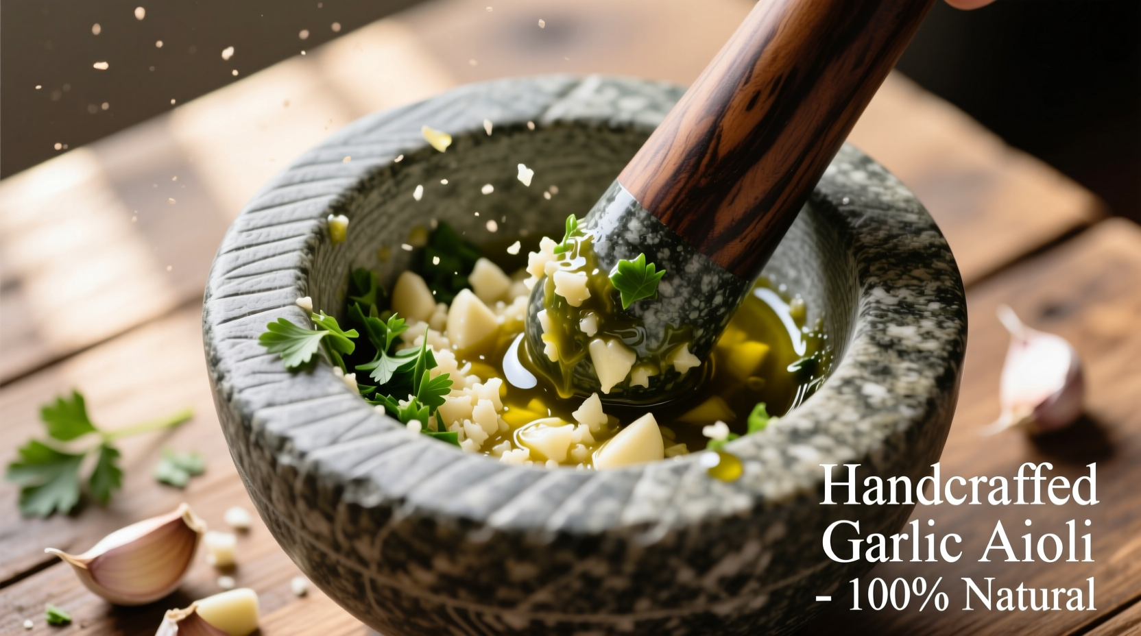 Traditional mortar and pestle preparation of garlic aioli