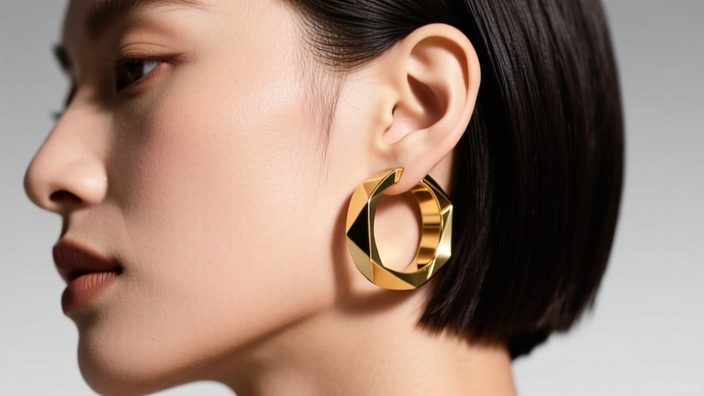 Close-up of a continuous 18-gauge solid gold full earring cuff wrapping around the helix and lobe of a model with short dark hair