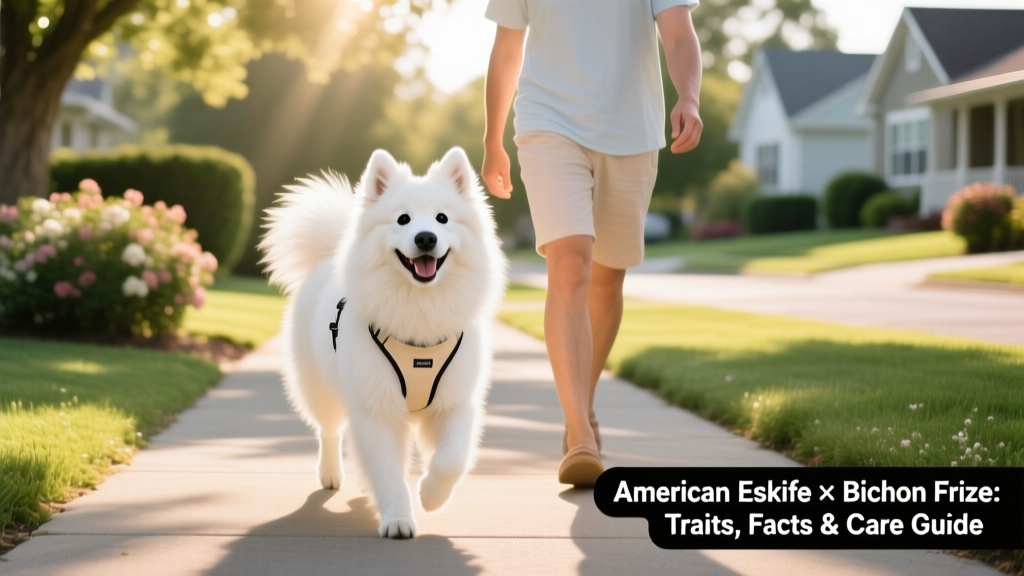 A happy Eskichon wearing a lightweight harness, walking beside its owner on a sunlit neighborhood path