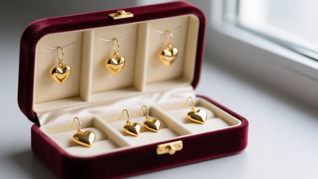 Open velvet jewelry box with individual compartments, showing gold heart dangle earrings safely stored away from other jewelry.