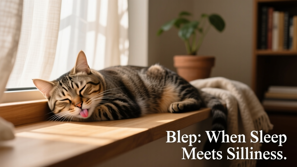 Side-profile shot of a sleeping cat with tongue slightly protruding—a classic blep