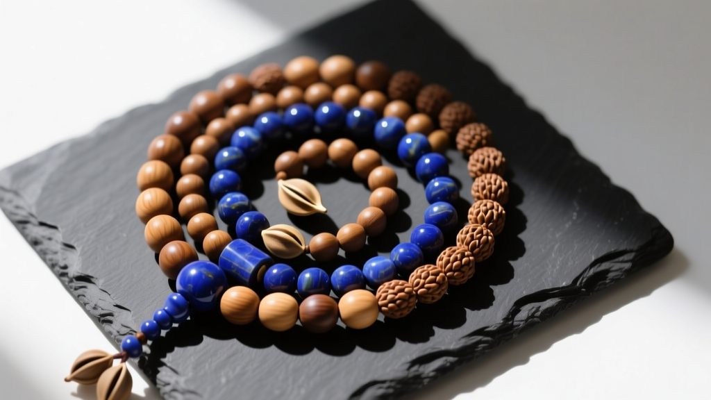 Top-down view of Buddhist mala beads featuring Bodhi seeds, sandalwood, and lapis lazuli stones arranged on a dark slate slab.