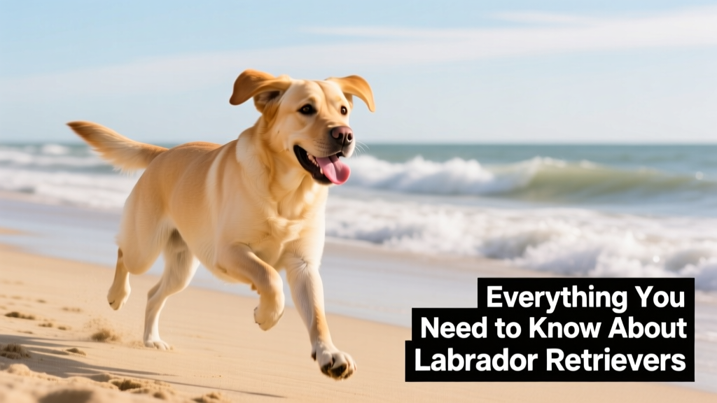 A golden Labrador Retriever happily running along a sandy beach with waves in the background