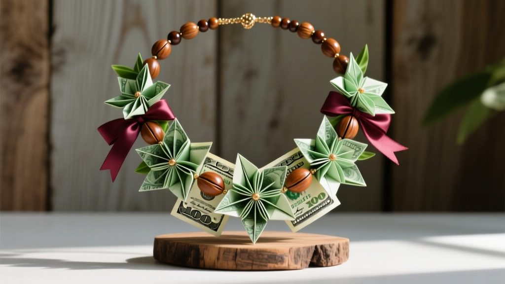 A vibrant lei money necklace with dollar bills folded into origami flowers, kukui nuts, and satin ribbon on wood.