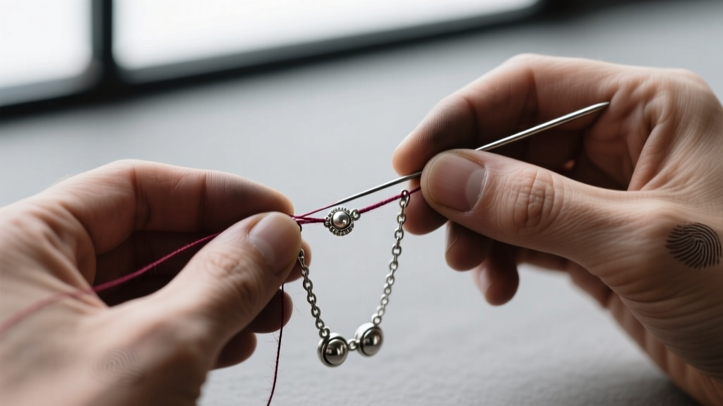 Jeweler hands using specialized silk thread and a beading needle to string antique silver collets for a historical necklace
