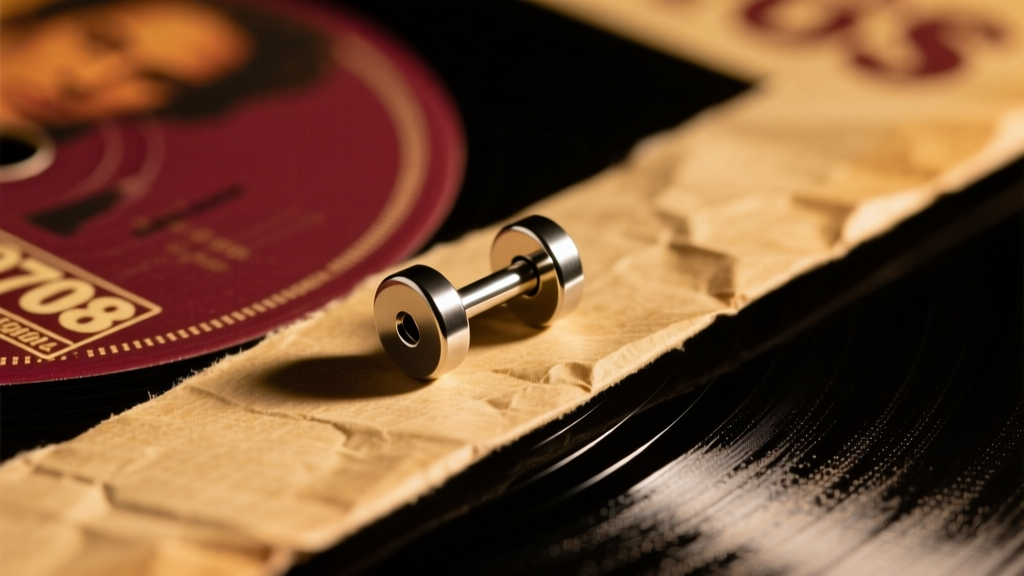 Close-up of a 14-gauge titanium barbell earring resting on a vintage 1970s vinyl record sleeve under warm, moody studio lighting.