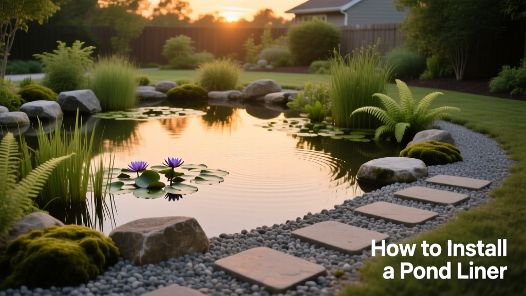 Finished backyard pond with smooth gravel base, decorative rocks, aquatic plants, and soft lighting at dusk