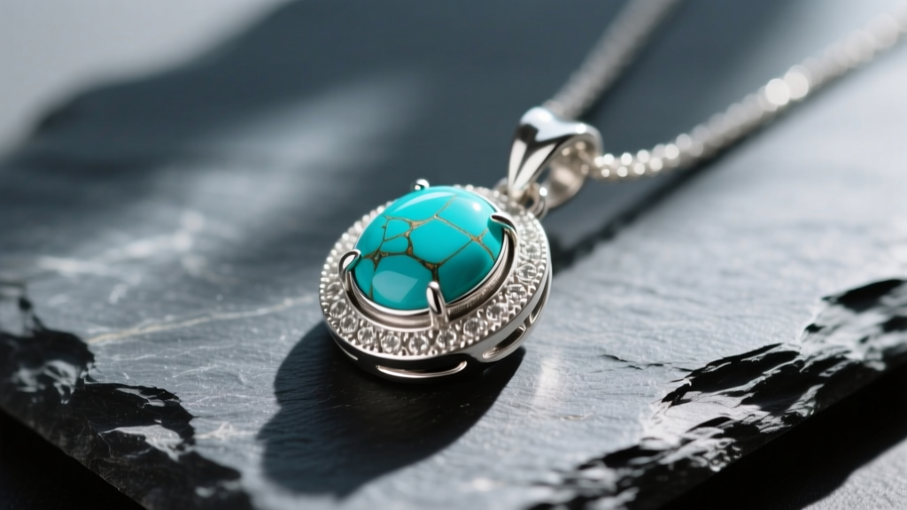 Close-up of a sterling silver bezel-set turquoise pendant resting on dark slate, illuminated by soft morning sunlight.