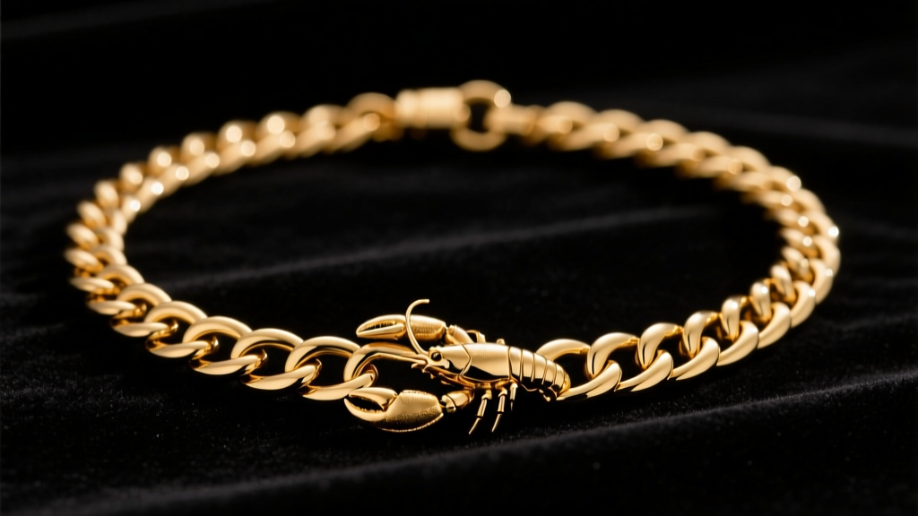 Gold-plated Dyrberg Kern chain necklace on dark velvet, displaying intricate links and a lobster clasp under warm studio lighting.