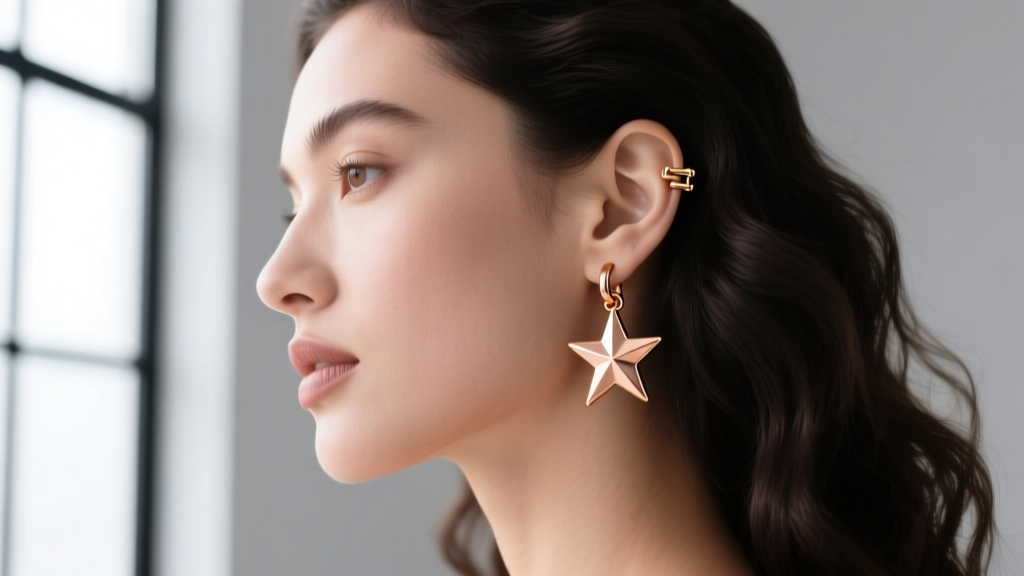 Model wearing 14k rose gold star hoop earrings, showcasing a hinged clicker clasp seamlessly integrated into a pierced earlobe.