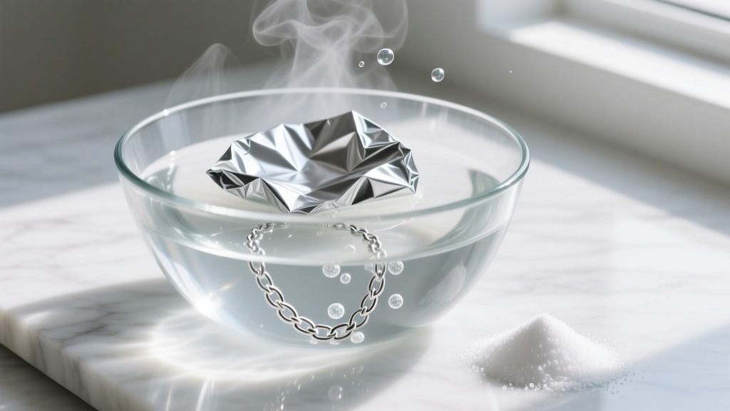 Glass bowl with hot water, aluminum foil, and baking soda, showing a submerged silver chain with small chemical reaction bubbles